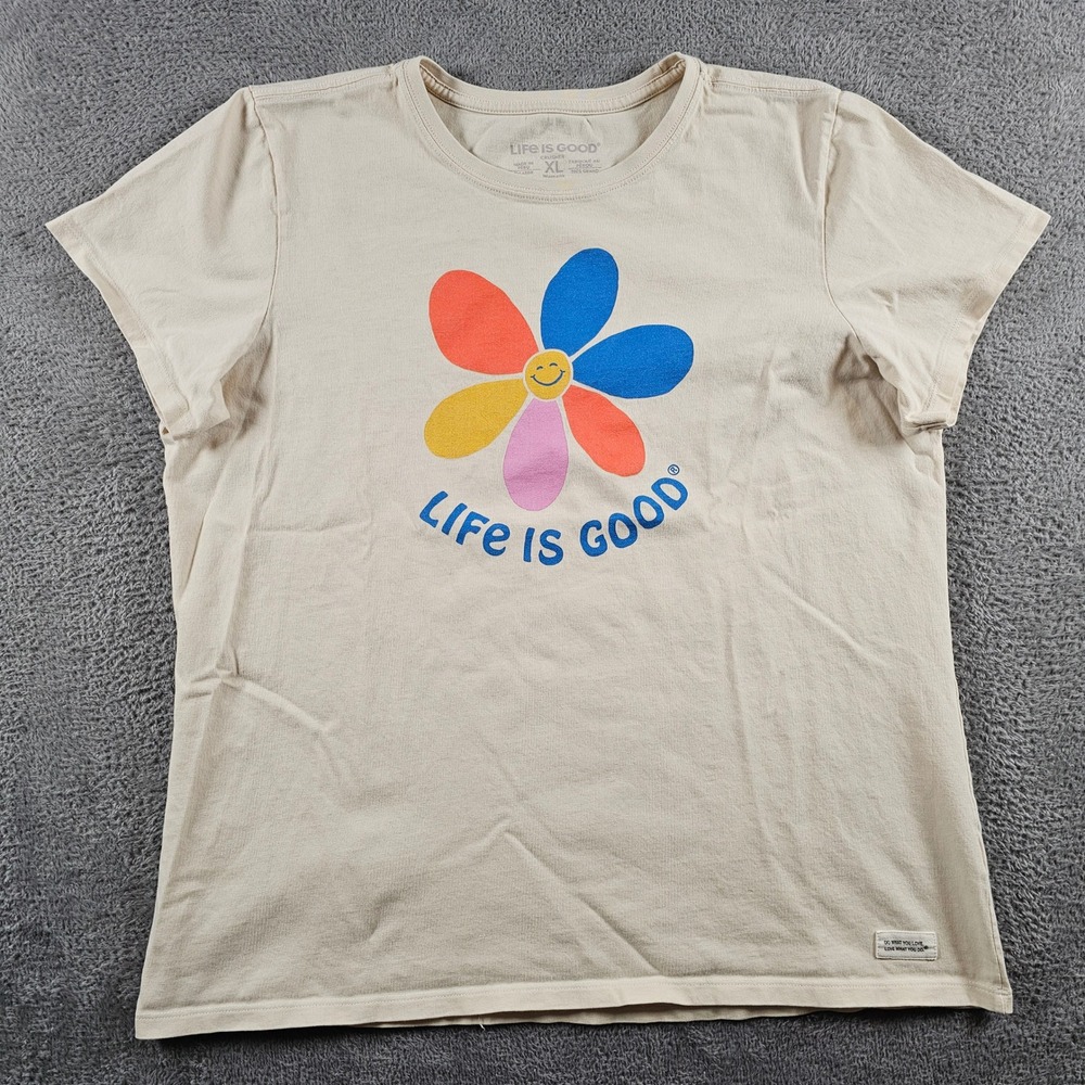 Life is Good Womens Crusher T-Shirt XL Cream Smiley Daisy Flower Graphic Tee